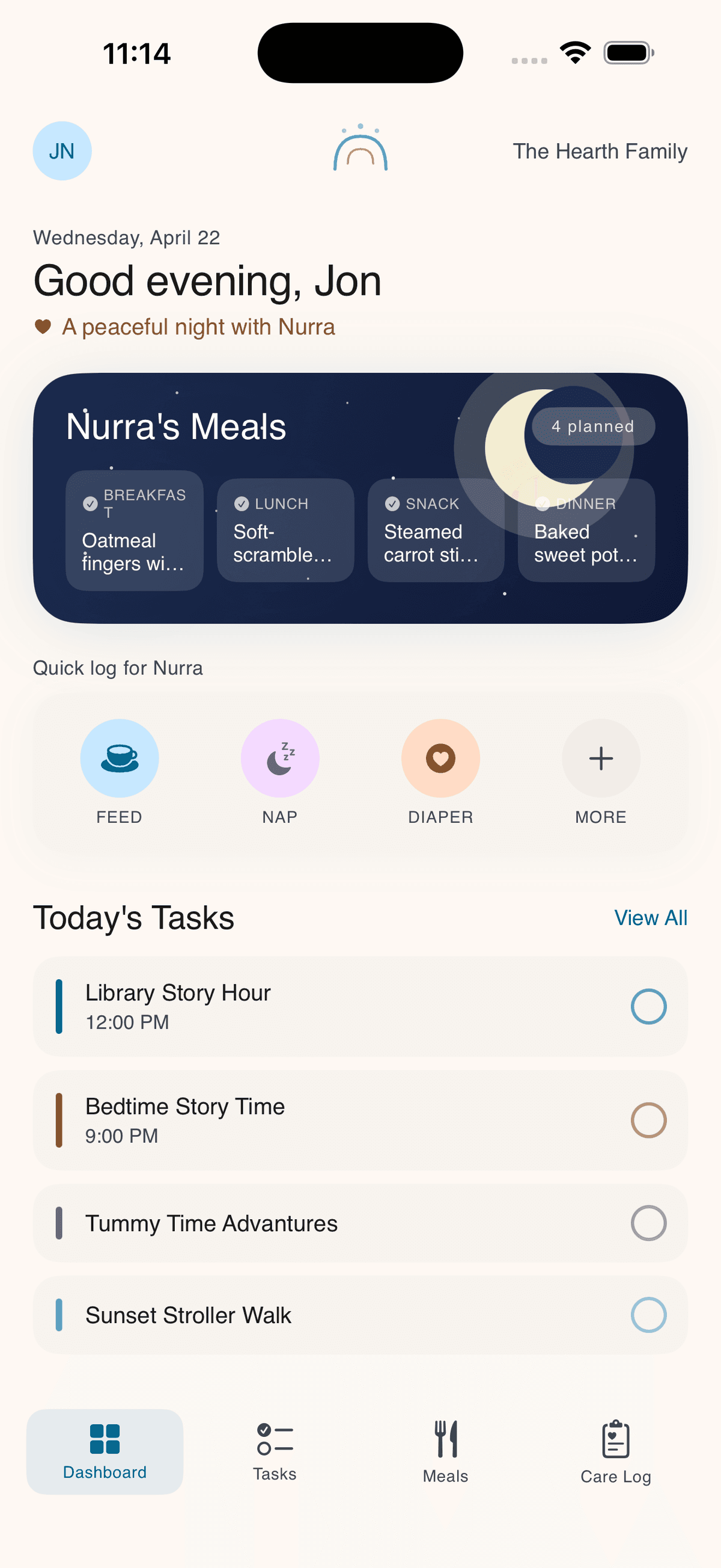 Nurra app dashboard showing meals, quick log, and tasks